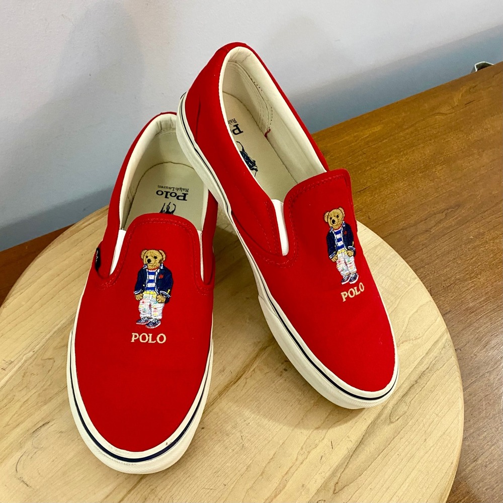Polo Ralph Lauren Keaton Polo Bear Slip On Canvas Sneakers Shoes Red Mens Sz 9